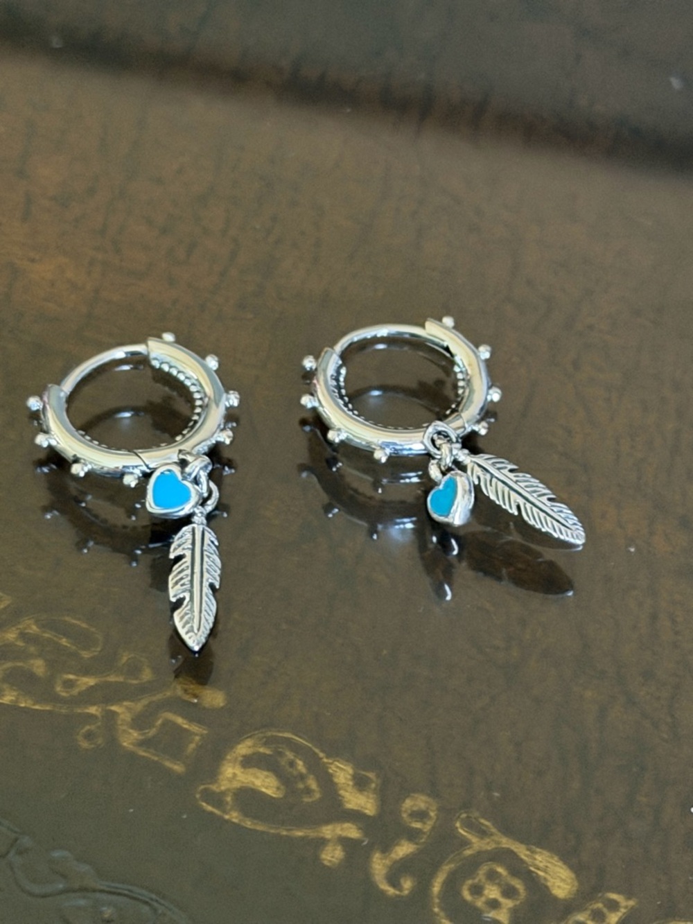 Pandora Silver Hoop Earrings with Turquoise Heart and Feather Drops